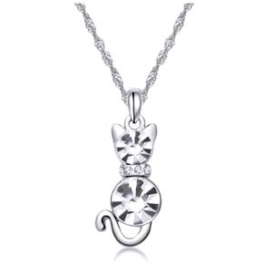 New Kitty Cat Charm White Crystal Silver Necklace.